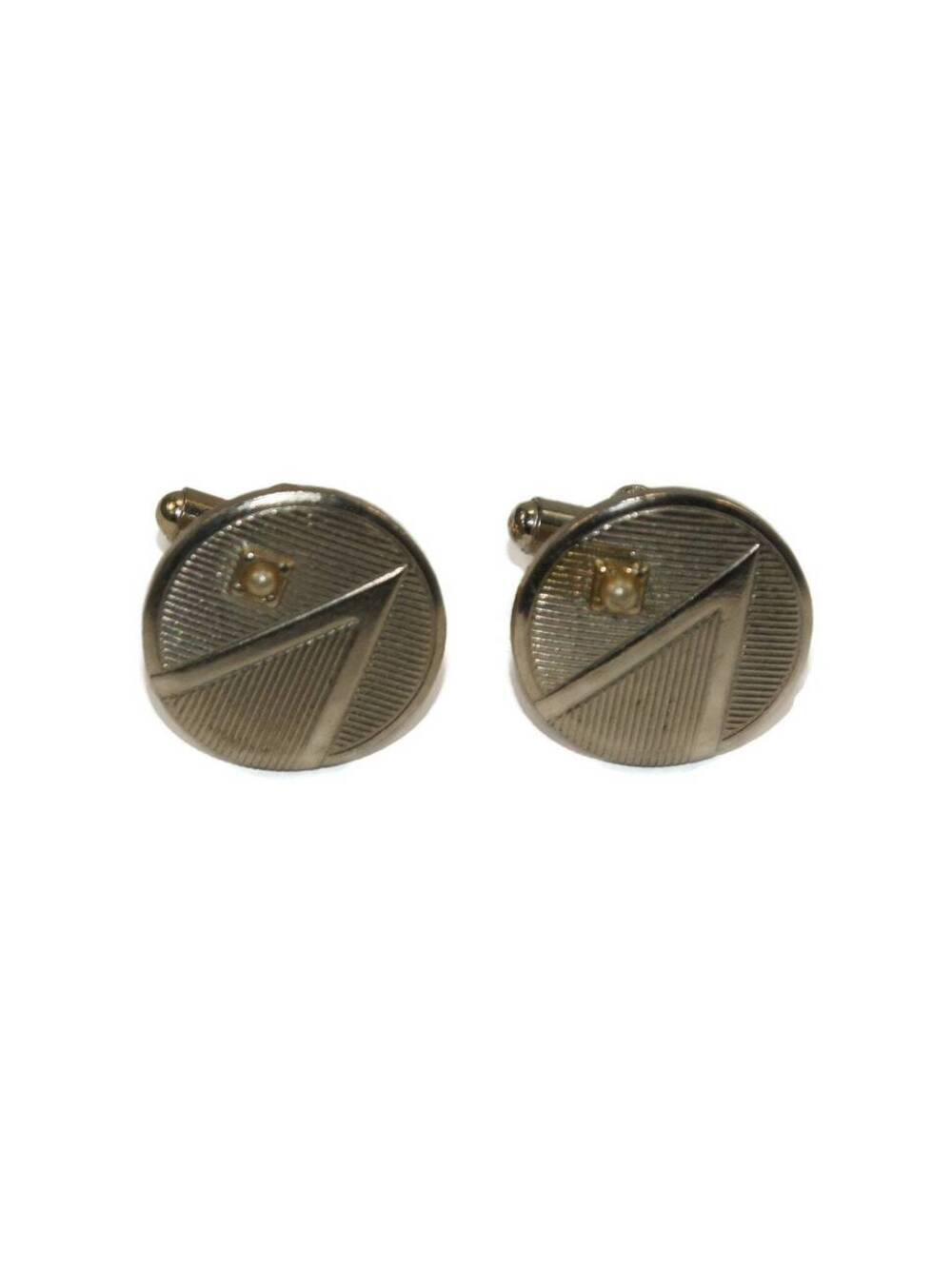Vintage Textured Gold Tone and Tiny Faux Pearl Round Cuff Links.